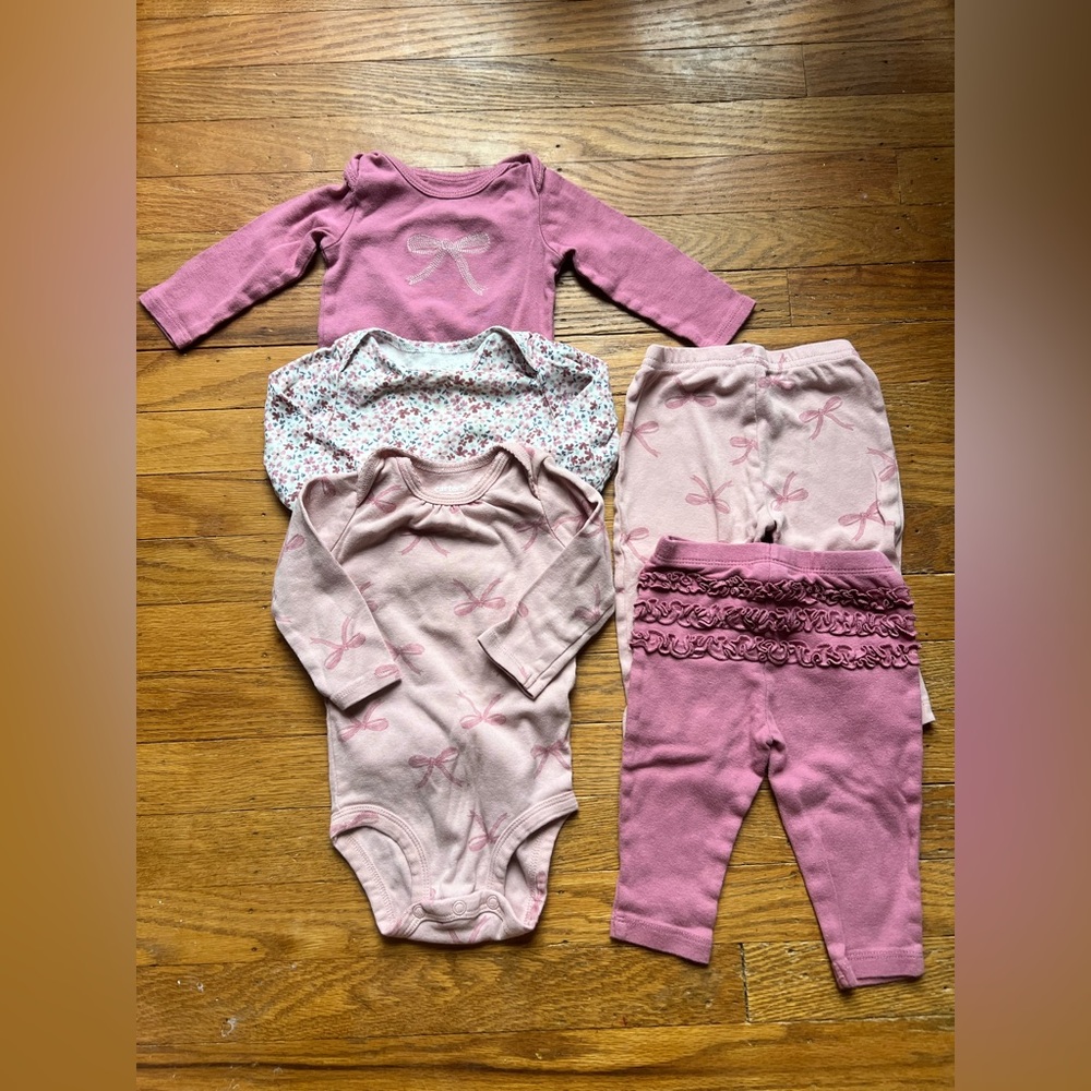 Carter's Baby Girl Pink Floral, Bows, & Solid Bodysuit and Pants Set Bundle 6m